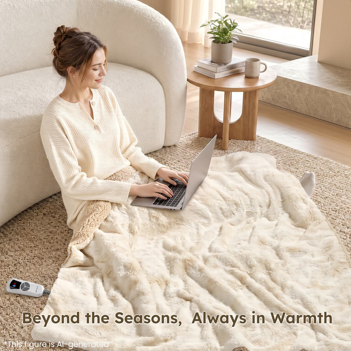 Heated Throw Blanket 50" X 60", Soft Faux Fur Electric Throw with 6 Heat Settings, 4-Hour Timer, Tie-Dye Off-White