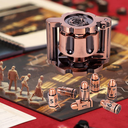 Metal Bullet Dice Set (7 Pcs) — Spinning Revolver Cylinder Case