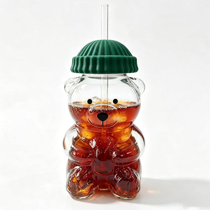 Cute Bear Glass Water Bottle — 20Oz Borosilicate with Straw & Lid