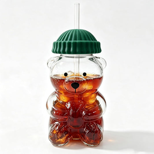 Cute Bear Glass Water Bottle — 20Oz Borosilicate with Straw & Lid