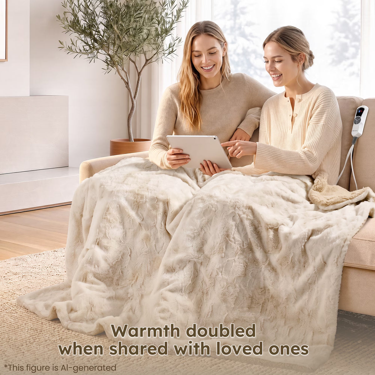 Heated Throw Blanket 50" X 60", Soft Faux Fur Electric Throw with 6 Heat Settings, 4-Hour Timer, Tie-Dye Off-White