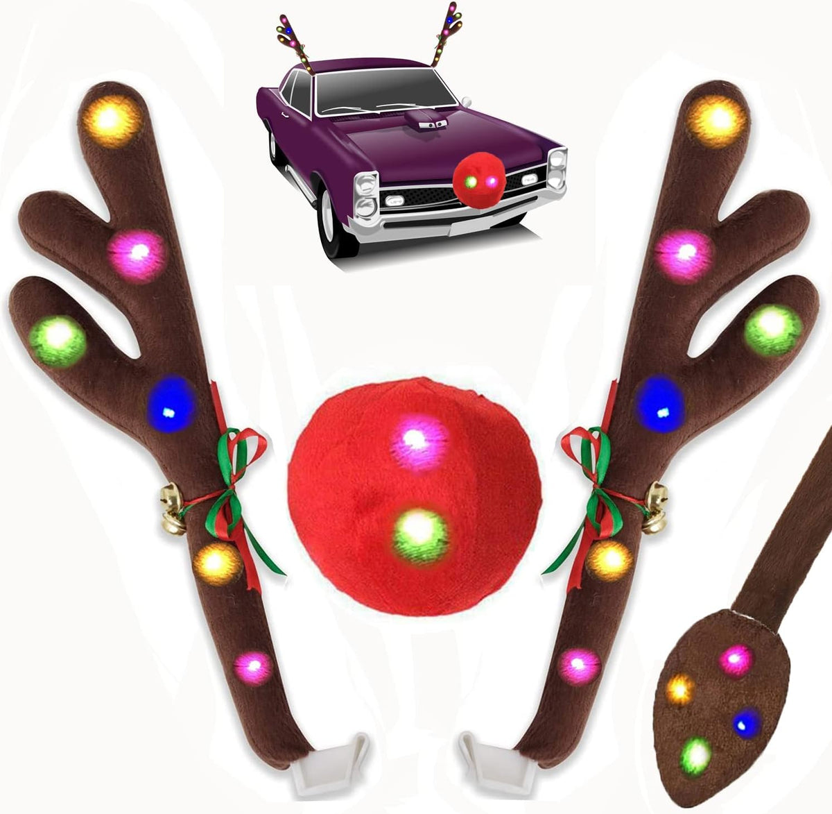 Christmas Car Decoration Kit - Reindeer Antlers with Jingle Bells, Rudolph Red Nose, Tail for Any Cars