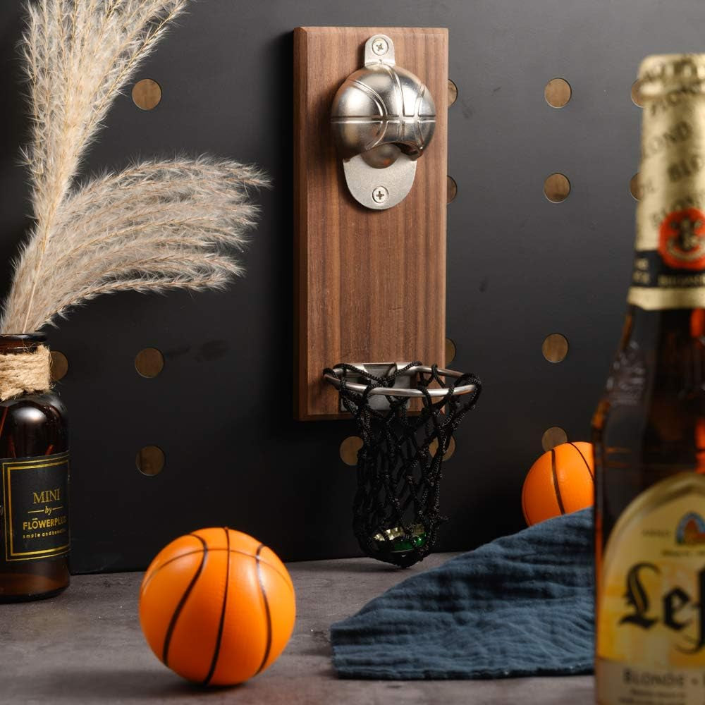 Magnetic Basketball Bottle Opener — Wall Mount with Cap Catcher