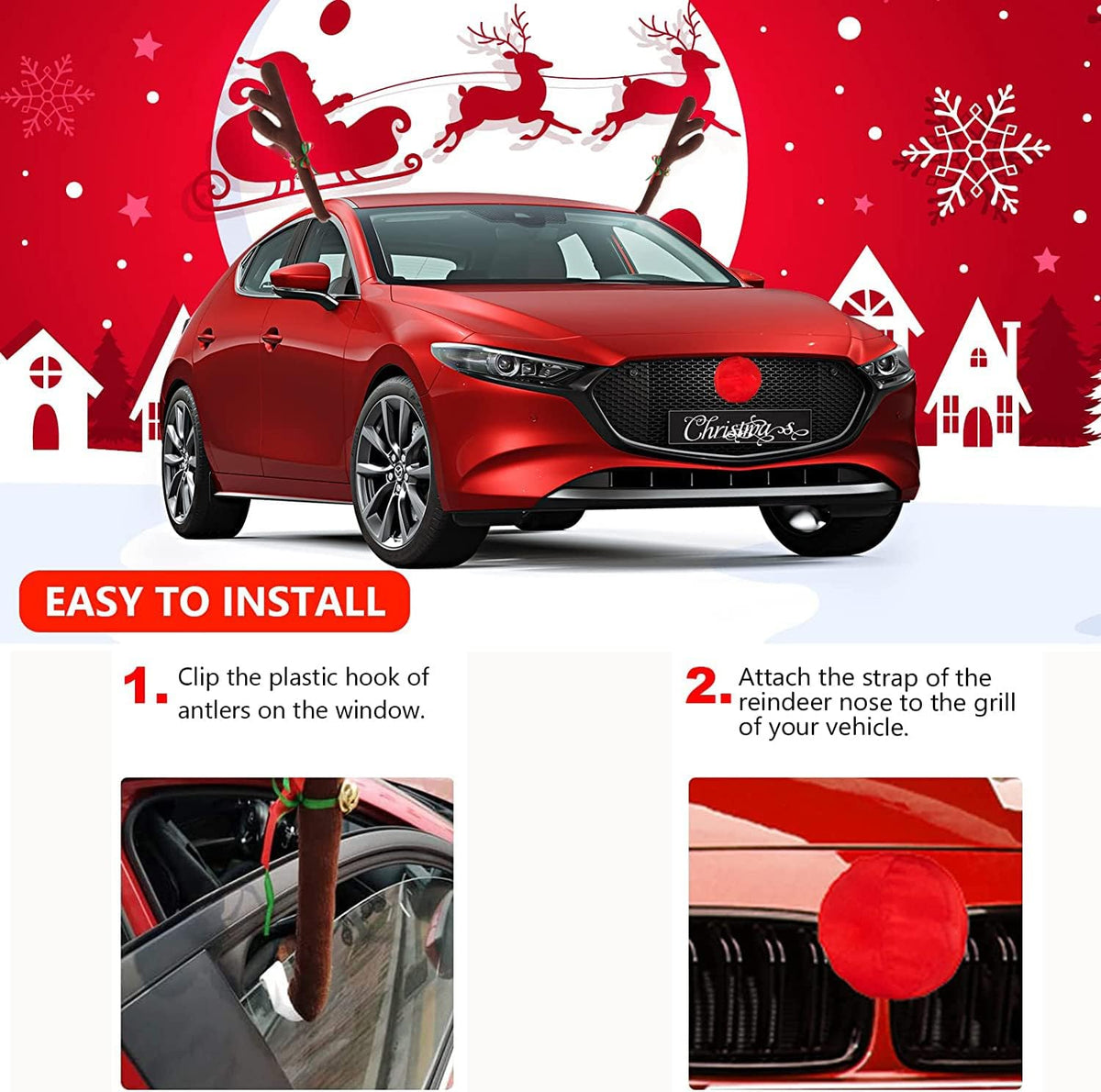 Christmas Car Decoration Kit - Reindeer Antlers with Jingle Bells, Rudolph Red Nose, Tail for Any Cars