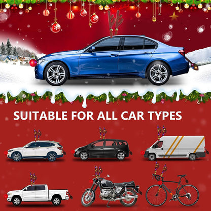 Christmas Car Decoration Kit - Reindeer Antlers with Jingle Bells, Rudolph Red Nose, Tail for Any Cars