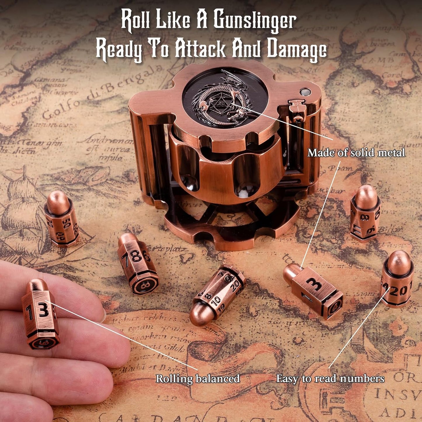Metal Bullet Dice Set (7 Pcs) — Spinning Revolver Cylinder Case
