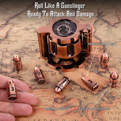 Metal Bullet Dice Set (7 Pcs) — Spinning Revolver Cylinder Case