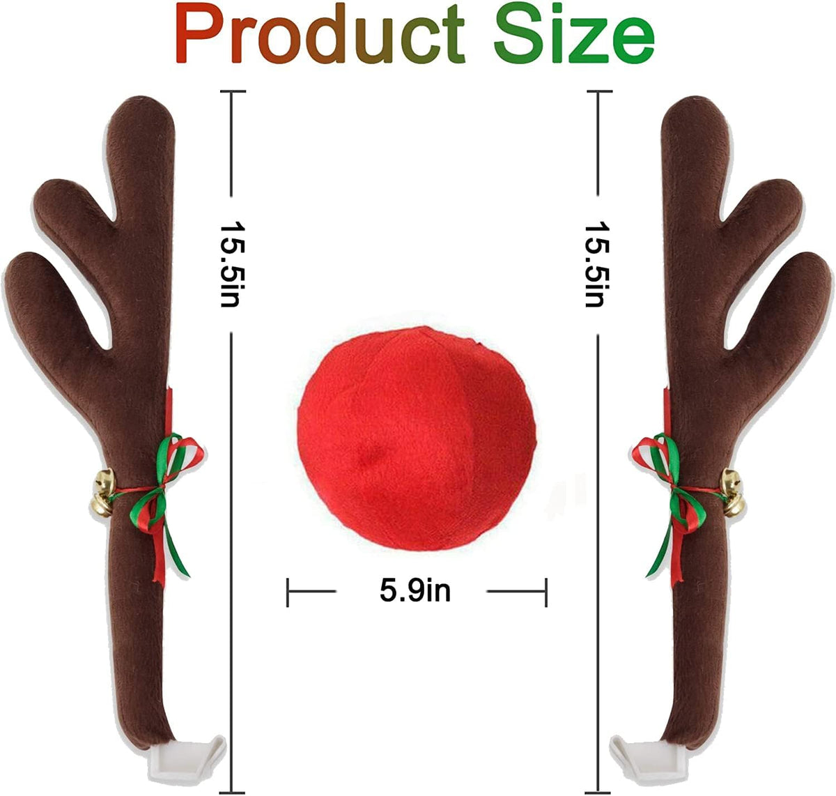 Christmas Car Decoration Kit - Reindeer Antlers with Jingle Bells, Rudolph Red Nose, Tail for Any Cars