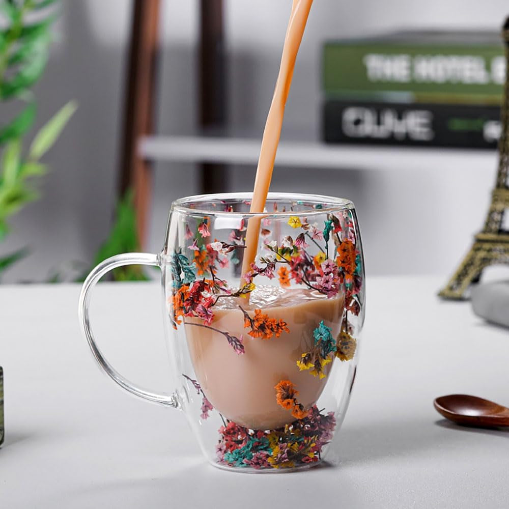 Flower Double-Wall Glass Coffee Mugs — Blooms inside the Glass