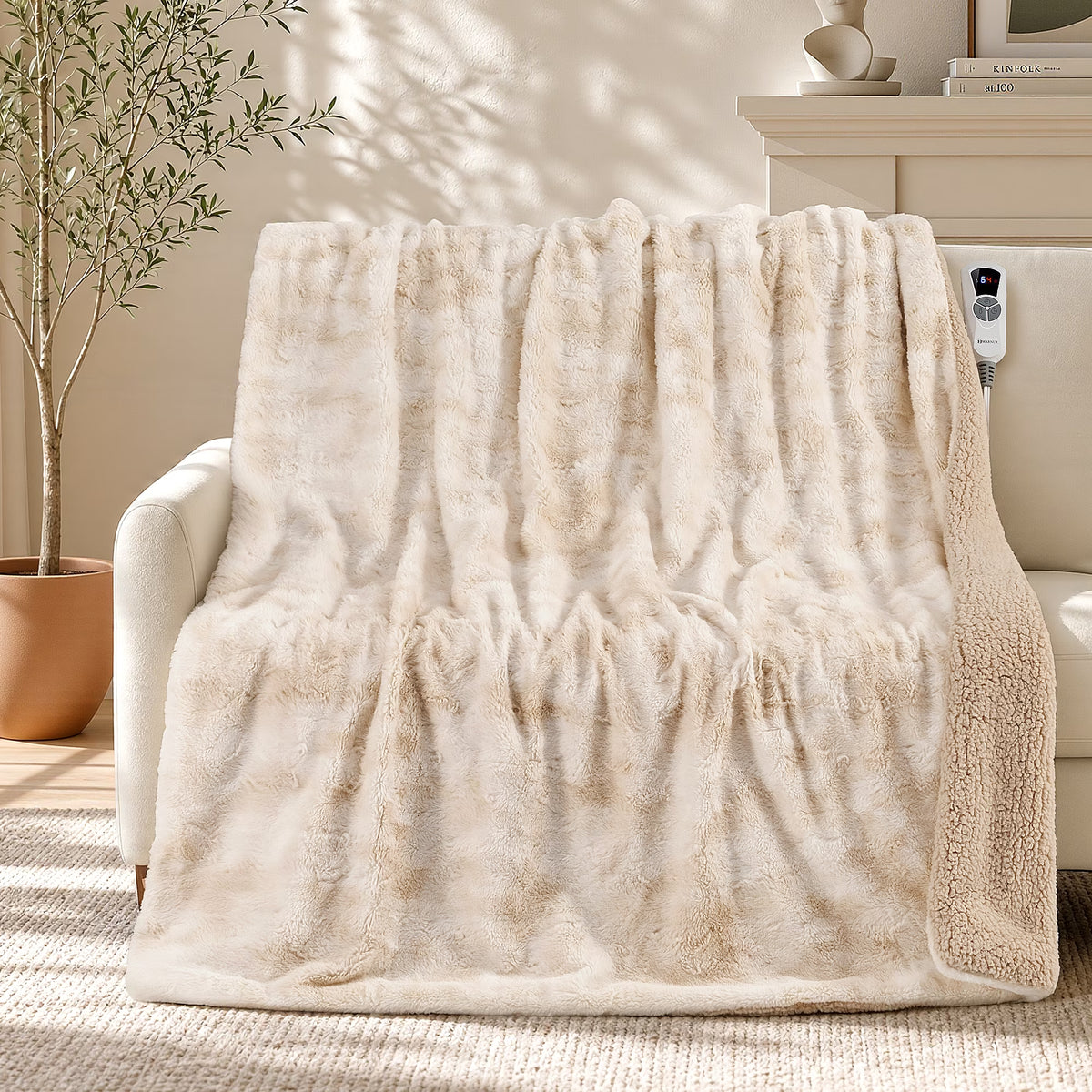 Heated Throw Blanket 50" X 60", Soft Faux Fur Electric Throw with 6 Heat Settings, 4-Hour Timer, Tie-Dye Off-White