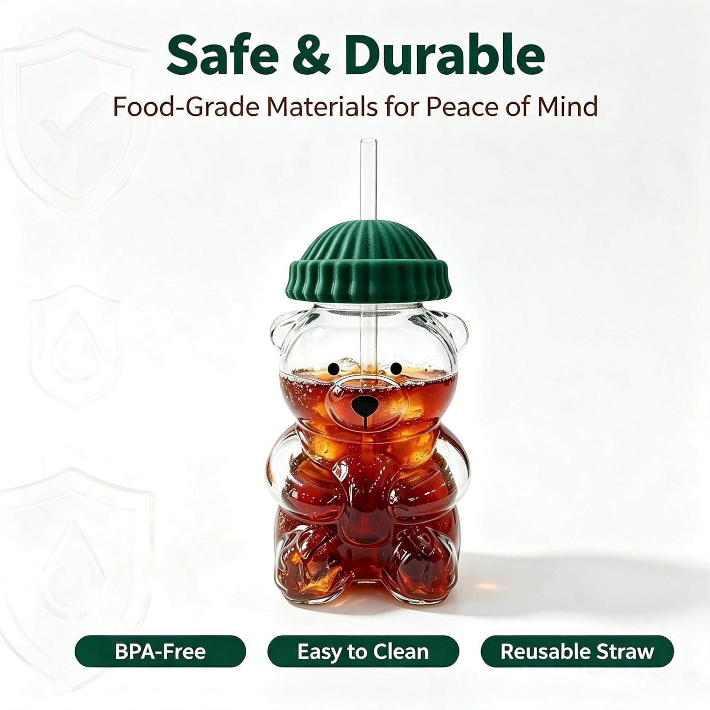 Cute Bear Glass Water Bottle — 20Oz Borosilicate with Straw & Lid