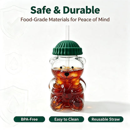 Cute Bear Glass Water Bottle — 20Oz Borosilicate with Straw & Lid