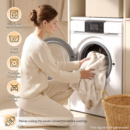 Heated Throw Blanket 50" X 60", Soft Faux Fur Electric Throw with 6 Heat Settings, 4-Hour Timer, Tie-Dye Off-White