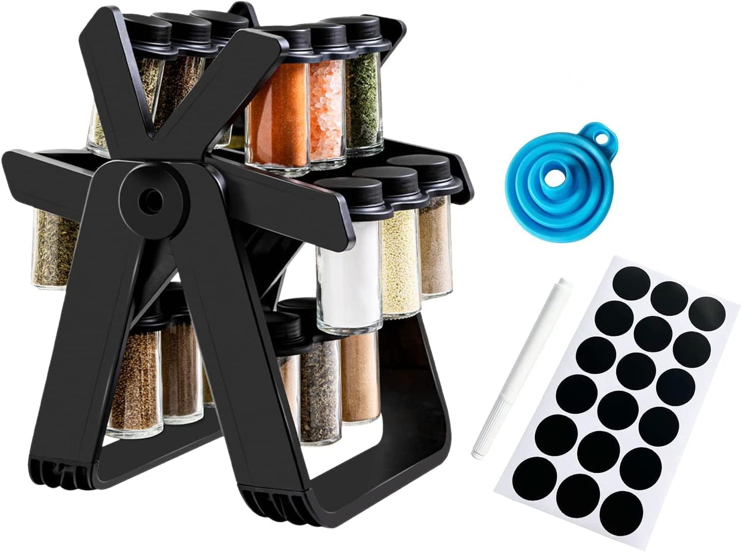 Ferris wheel spice rack with 18 glass jars