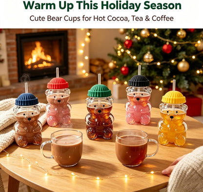 Cute Bear Glass Water Bottle — 20Oz Borosilicate with Straw & Lid
