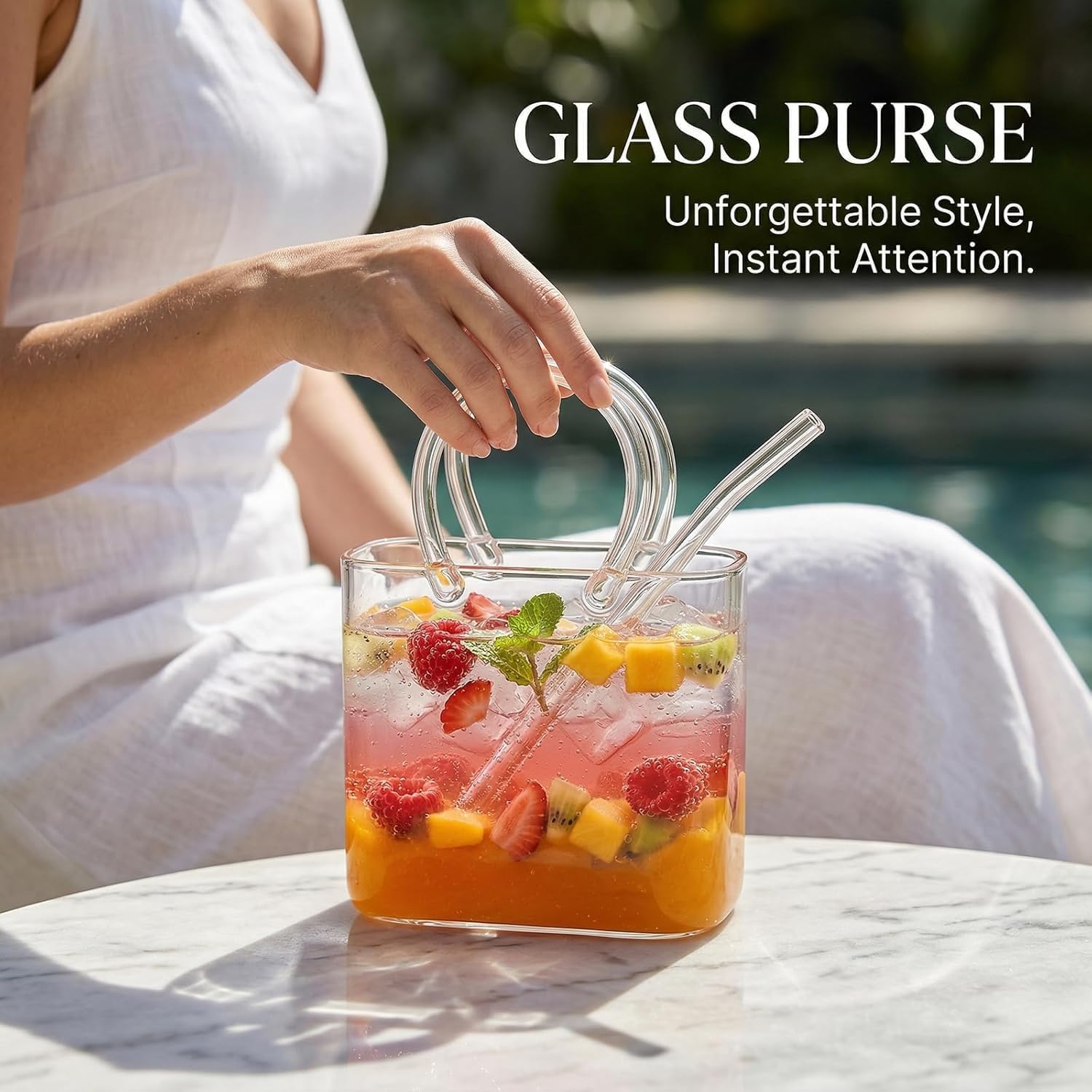 Purse-shaped glass cup with cleaning brush