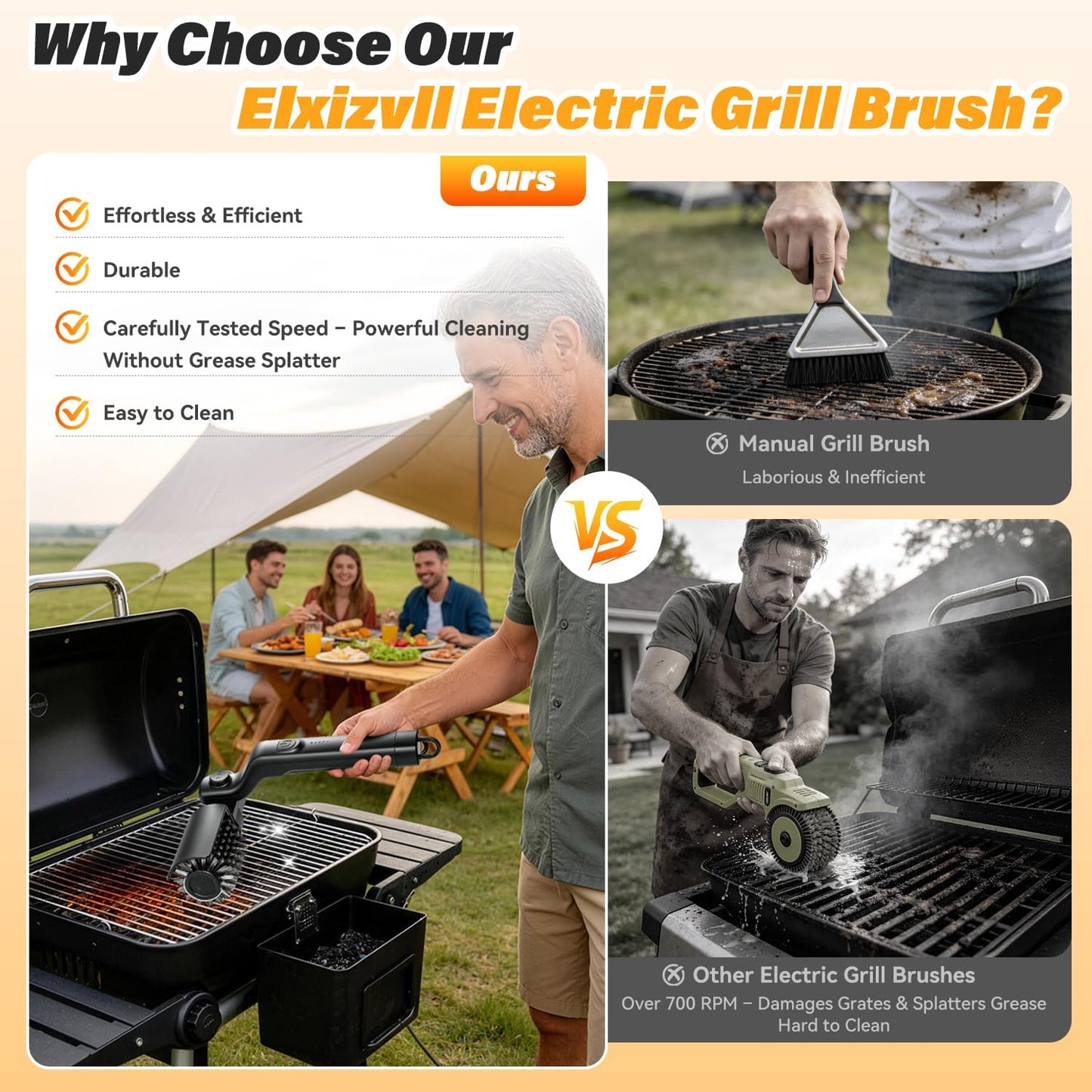 Electric grill brush cleaning grates
