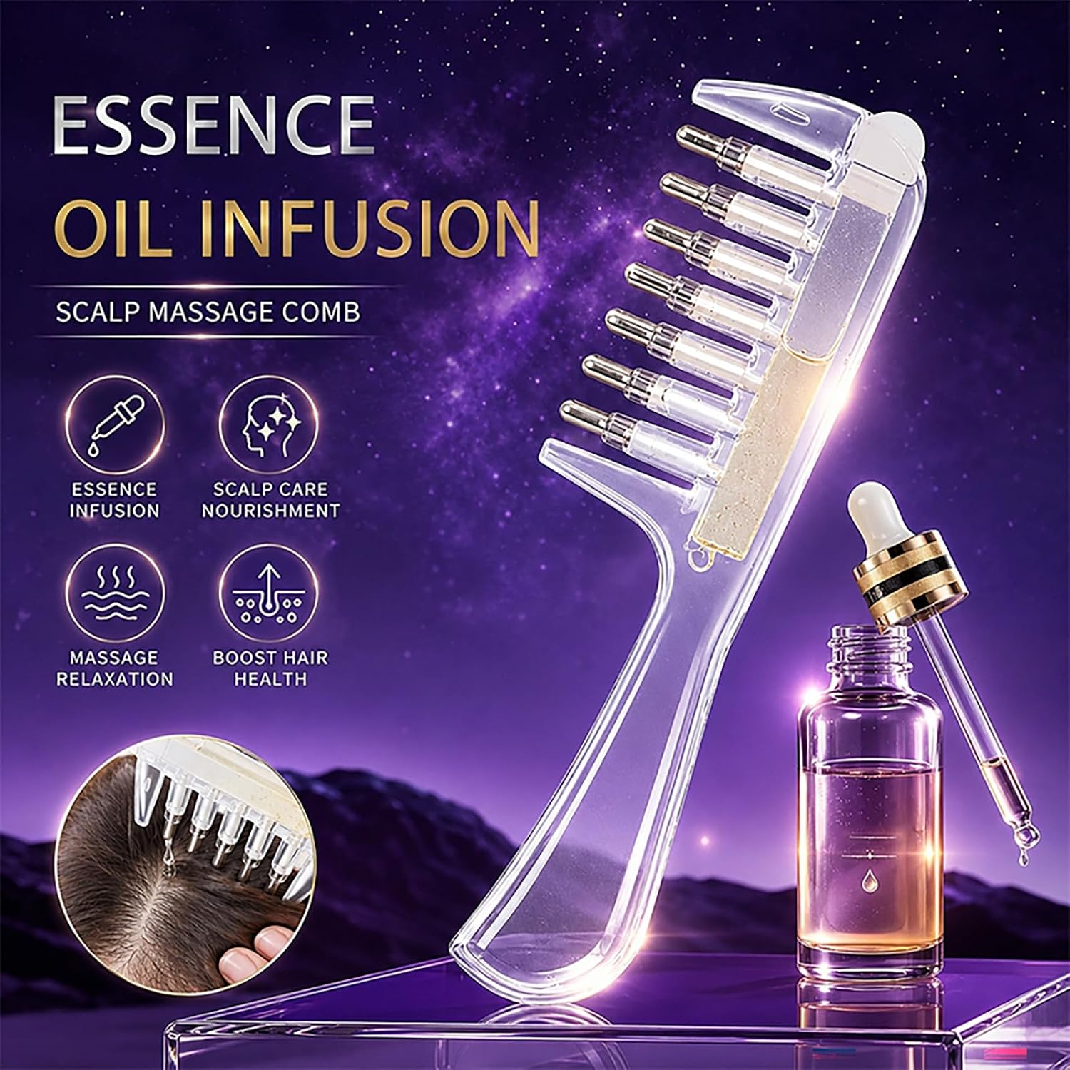 Scalp applicator bottle in use on hair
