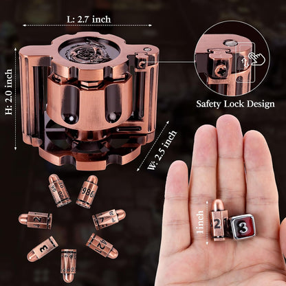 Metal Bullet Dice Set (7 Pcs) — Spinning Revolver Cylinder Case
