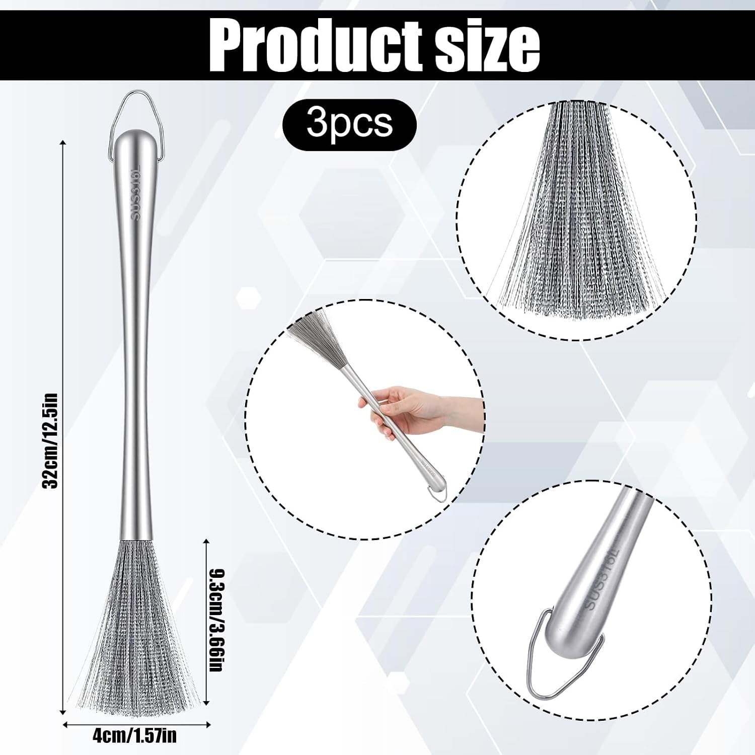 Stainless Steel Dish Brush Set (3 Pack) — Cast Iron & Cookware Scrubber
