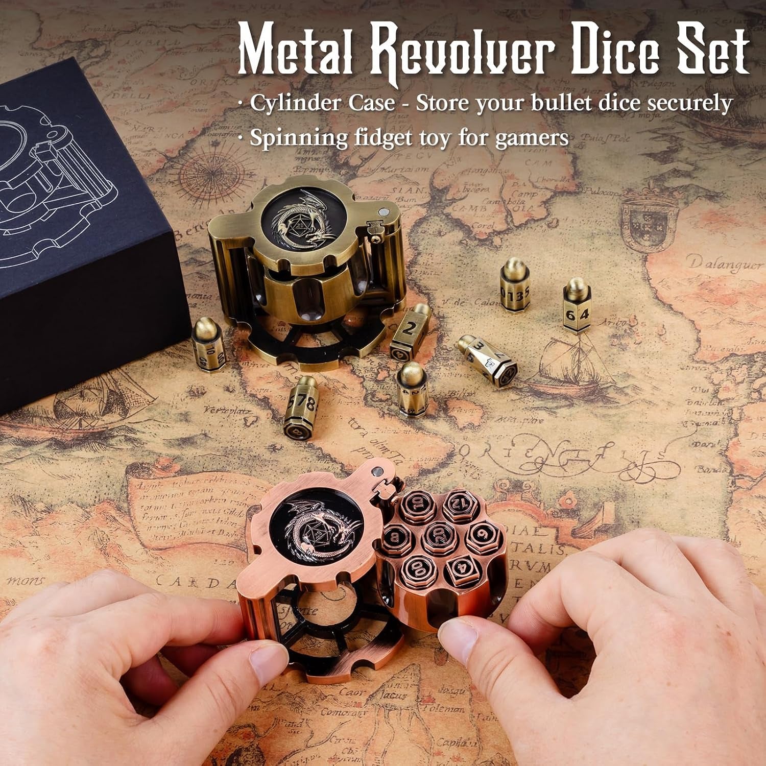 Metal Bullet Dice Set (7 Pcs) — Spinning Revolver Cylinder Case