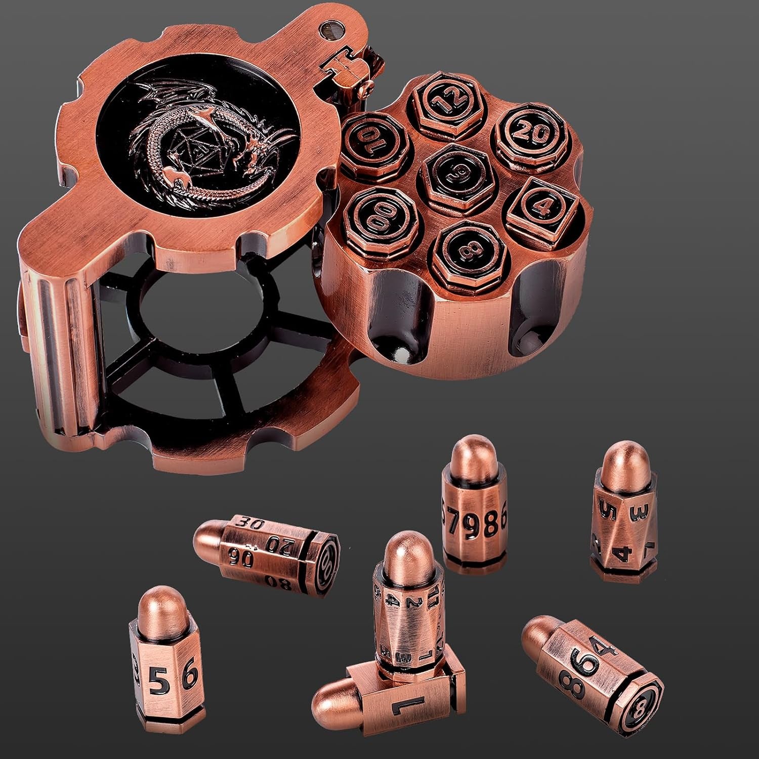 Metal Bullet Dice Set (7 Pcs) — Spinning Revolver Cylinder Case
