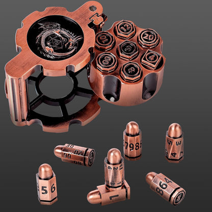 Metal Bullet Dice Set (7 Pcs) — Spinning Revolver Cylinder Case