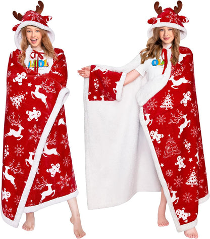 Wearable Blanket Hoodie, Christmas Throw Blanket with Hoodie