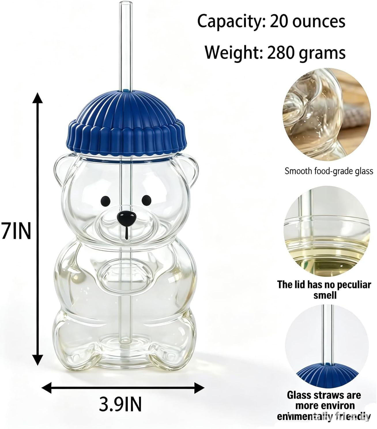 Cute Bear Glass Water Bottle — 20Oz Borosilicate with Straw & Lid