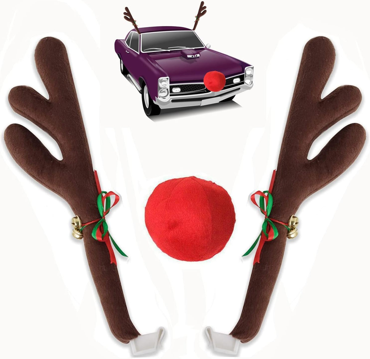 Christmas Car Decoration Kit - Reindeer Antlers with Jingle Bells, Rudolph Red Nose, Tail for Any Cars
