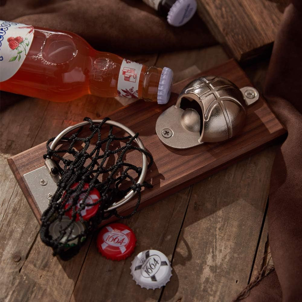 Magnetic Basketball Bottle Opener — Wall Mount with Cap Catcher
