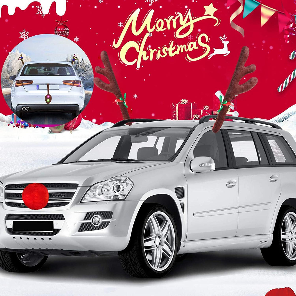 Christmas Car Decoration Kit - Reindeer Antlers with Jingle Bells, Rudolph Red Nose, Tail for Any Cars