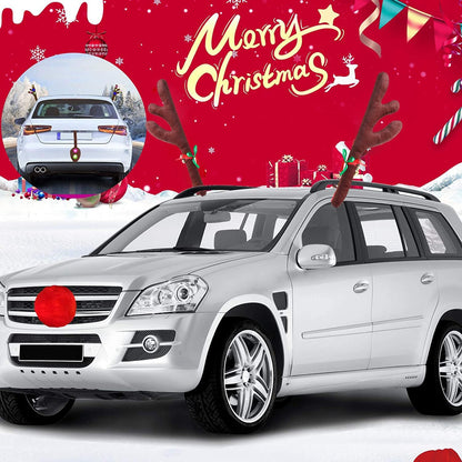 Christmas Car Decoration Kit - Reindeer Antlers with Jingle Bells, Rudolph Red Nose, Tail for Any Cars