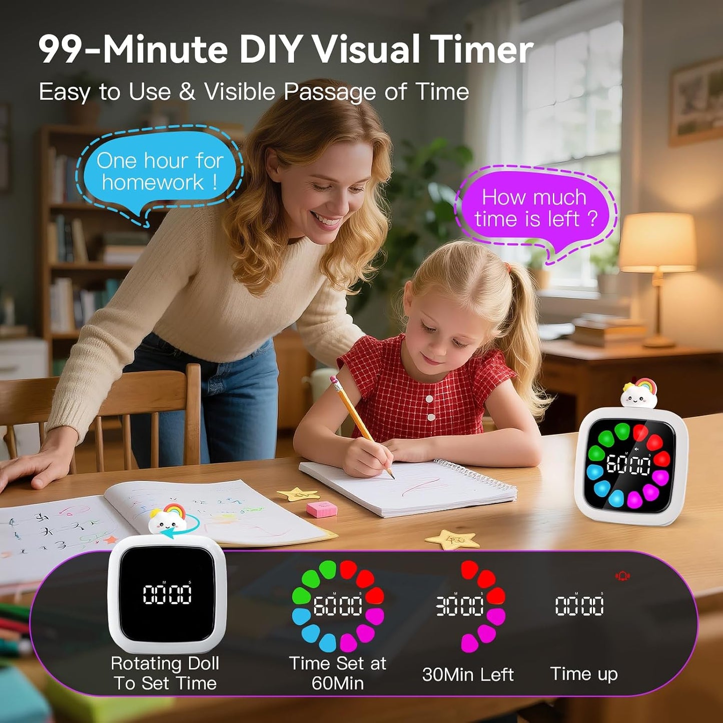 Kids Visual Countdown Timer — 99 Minutes, Silent & Rechargeable