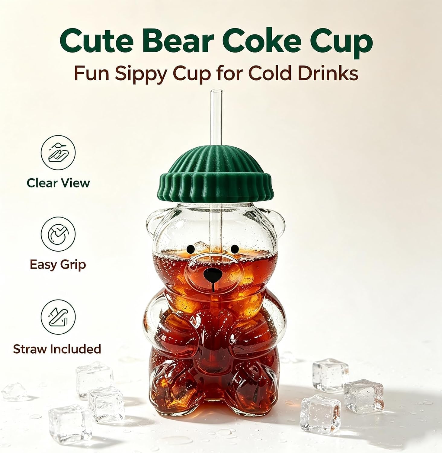 Cute Bear Glass Water Bottle — 20Oz Borosilicate with Straw & Lid