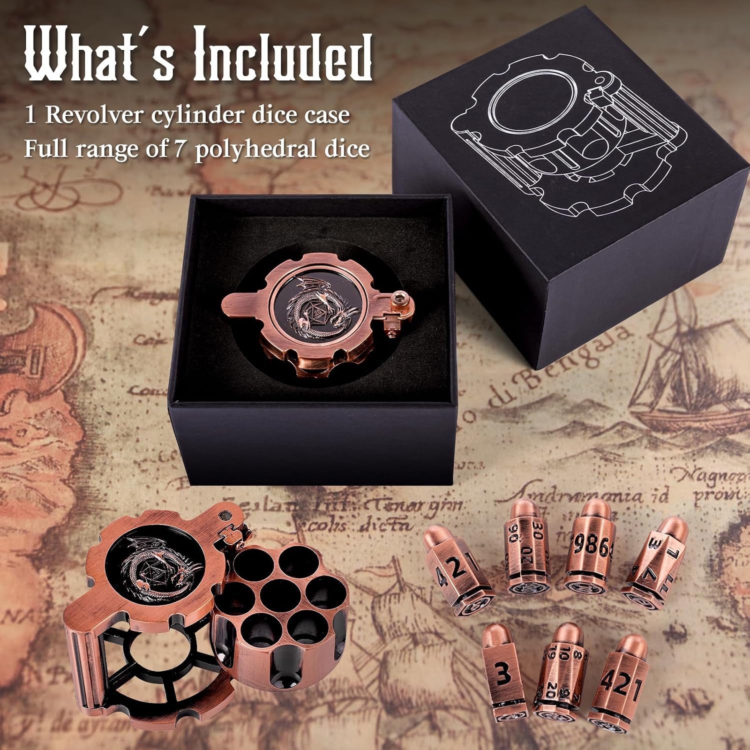 Metal Bullet Dice Set (7 Pcs) — Spinning Revolver Cylinder Case