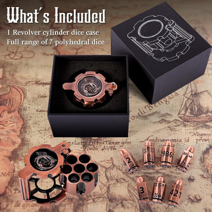 Metal Bullet Dice Set (7 Pcs) — Spinning Revolver Cylinder Case