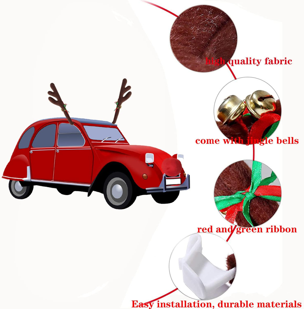 Christmas Car Decoration Kit - Reindeer Antlers with Jingle Bells, Rudolph Red Nose, Tail for Any Cars