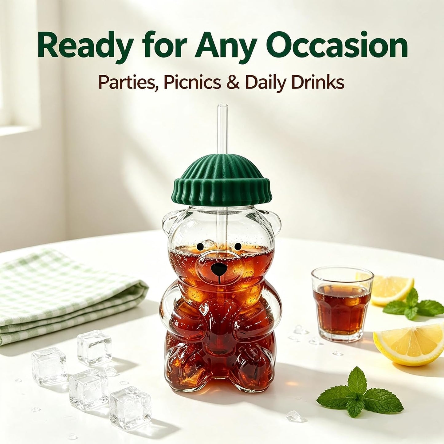 Cute Bear Glass Water Bottle — 20Oz Borosilicate with Straw & Lid