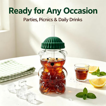 Cute Bear Glass Water Bottle — 20Oz Borosilicate with Straw & Lid